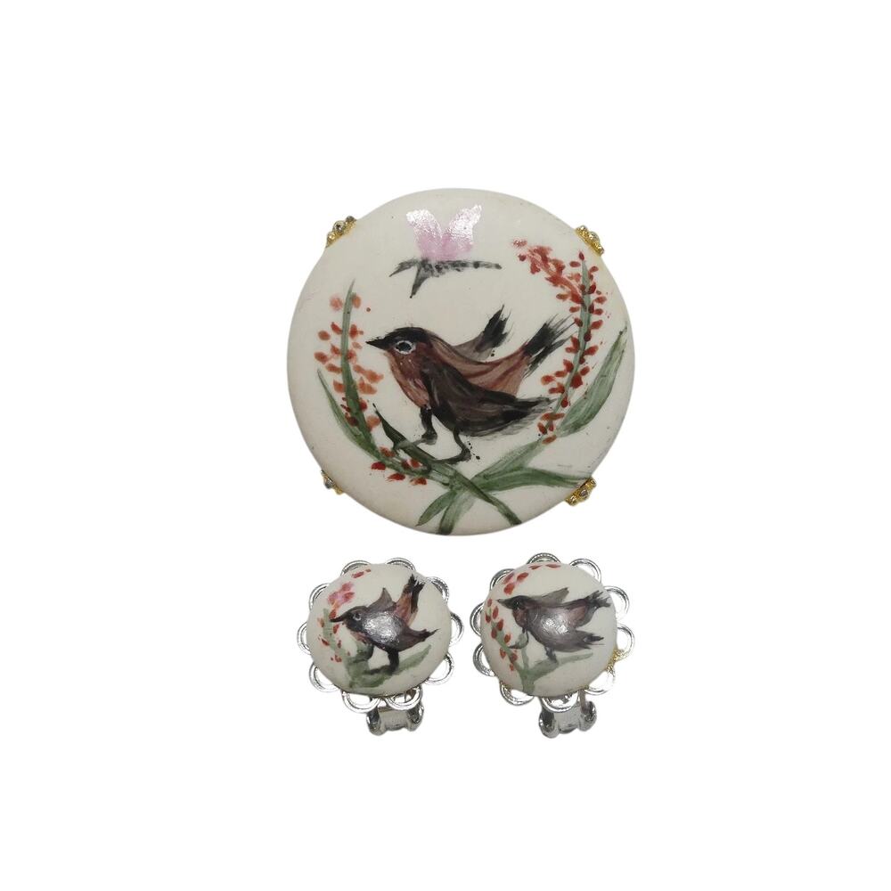 Vintage Artisan Hand Painted Flower and Bird Set Demi Parure